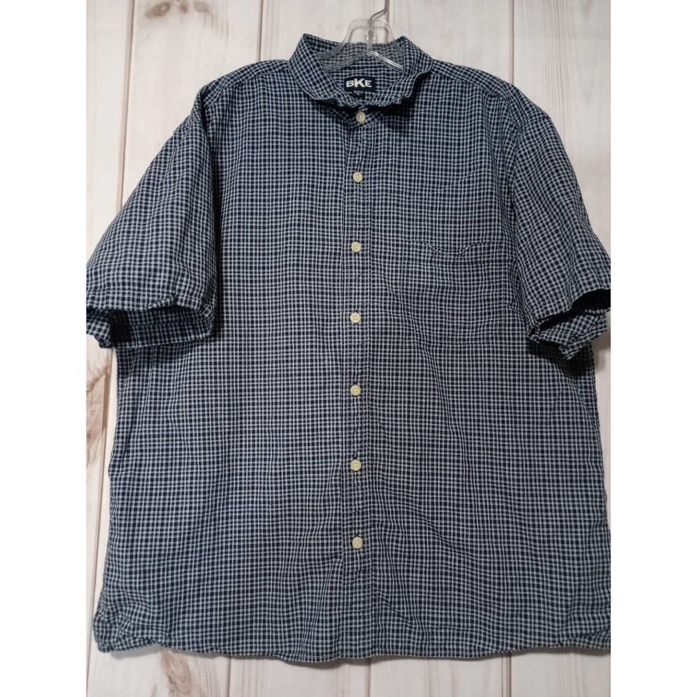 BKE Mens XL Navy Blue‎ White Plaid Button Down Short Sleeve Cotton Shirt